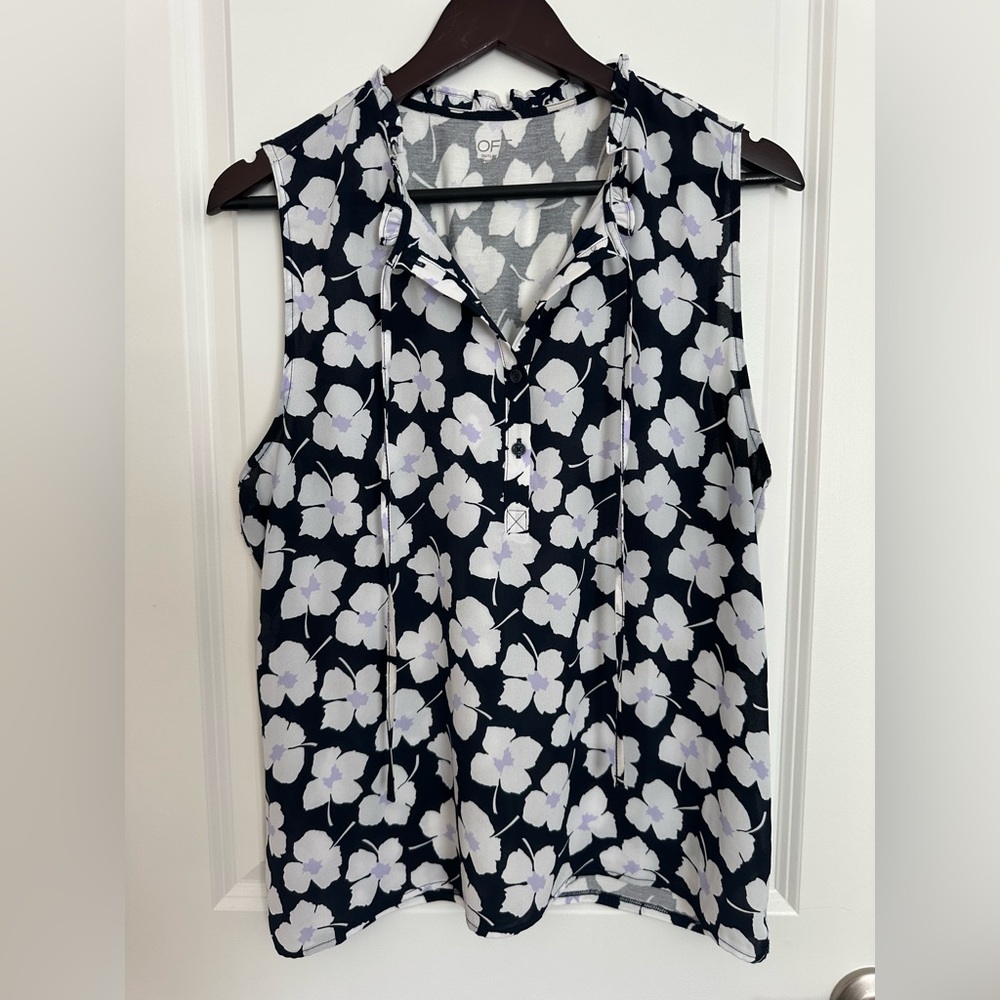 LOFT White and Blue Notched Collar Buttoned Blouse Size Large Petite